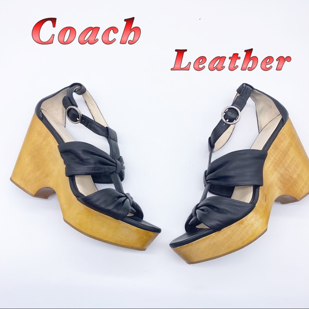 Coach-Black Leather Gladiator Wedge Sandal 8.5